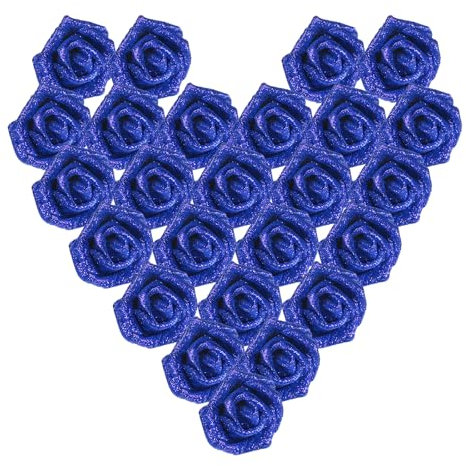 PATIKIL Rose Glitterate, 25 Pc Fiori Artificiali Teste di Rose in Schiuma Dal Look Reale con Stelo per Bouquet Nuziali Fai da Te, Decorazioni per Casa, Feste, Blu