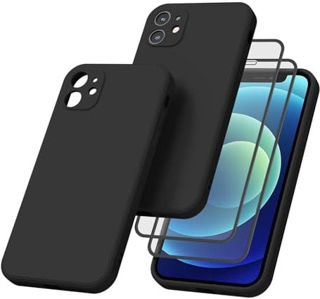 Vancle Case for iPhone 12 Phone Case,with 2 HD Screen Protectors, Shockproof Bumper Liquid Silicone Case with Microfiber Lining (Black)