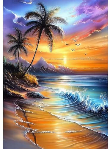 NEWENMO Colorful Sunset Diamond Painting Kit for Adults,5D Palm Trees Diamond Art Kits,DIY Full Drill Crystal Embroidery Gifts,Ocean Waves Diamond Art Craft,for Living Room Home Decor - 30x40cm
