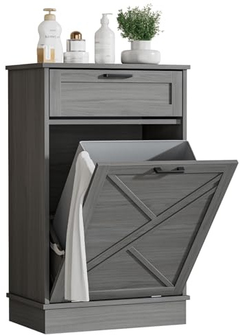 Yvsevnr 10 Gallons Tilt Out Trash Can Cabinet Wooden Recycling Trash Cabinet with Drawer Freestanding Storage Cupboard Unit for Kitchen Laundry Basket Dirty Clothes Chest Organiser Unit, No Trash Can