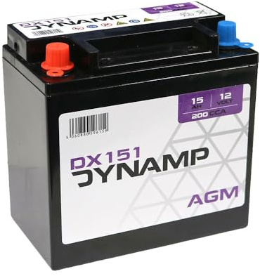 Dynamp AGM Auxiliary Battery, 12V, 15Ah, 200CCA, 4.80 kg, 150 x 85 x 145 mm, Small Taper Post Terminal