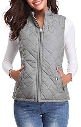 fuinloth Women's Quilted Gilet, Lightweight Body Warmer Padded Outdoor Vest Sleeveless Jacket Grey X-Large