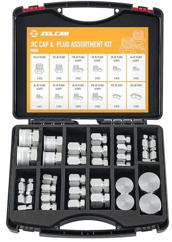 ZELCAN Hydraulikschlauch- und Rohrverschraubungs-Set, 37-Grad-JIC-Kappe und Stopfen-Sortiment, robustes Dichtungsadapter-Set mit Präzisionsgewinde, Stahl-Flare-Fitting-Set, Armaturenbrettgrößen 4, 6,