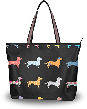 Mnsruu Damen-Handtasche mit Reißverschluss, große Oberseite, Schultertasche, lässig, Einkaufstasche, L (bunte Hunde, Dackel, schwarzes Muster)