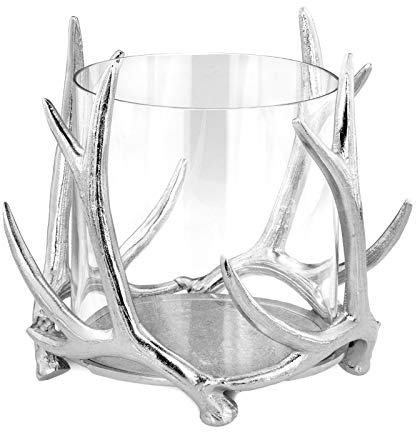 Glas Windlicht Ø 23 cm Aluminium poliert in Hirsch Geweih Form - Kerzenhalter mit offenem Glaszylinder - Kerzenständer für Stumpenkerzen/Teelichter - Windglas für innen & außen