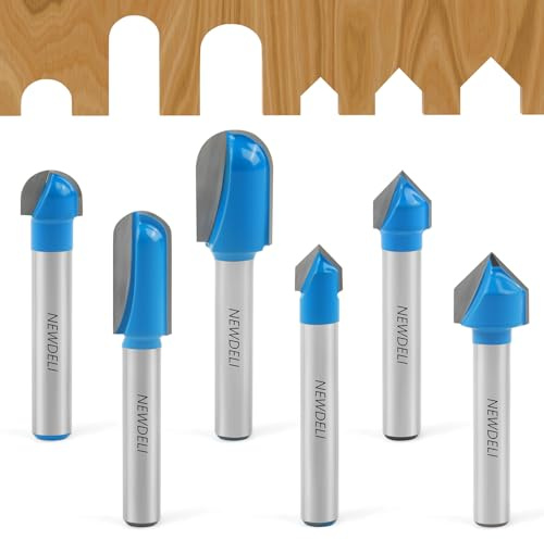 Newdeli 6Pcs Round Nose Router Bit and 90 Degree V Groove Router Bit Set 1/4 Shank Cove Box Router Bits Juice Groove Router Bits CNC Woodworking Tool