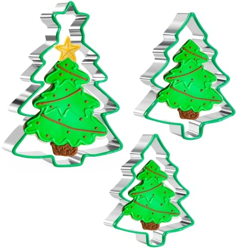 Ausstecher Tannenbaum-Set, 3 Stück Weihnachtsbaum-Keksausstecher mit Stern, Edelstahl mit weichem Silikonrand für Weihnachtsferien