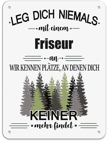 Berufe Blech-Schild - Leg dich niemals mit einem Friseur an - Lustiges Geschenk Büro, Job, Arbeit, Kollegen, Freunde, Metall-Poster - Querformat A5