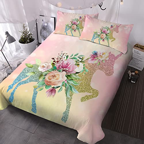 BlessLiving Unicorn Kids Bed Set - 3-Piece Glitter Duvet Cover & Ultra Soft Rose Bedspread, Pastel Pink & Green (Single)