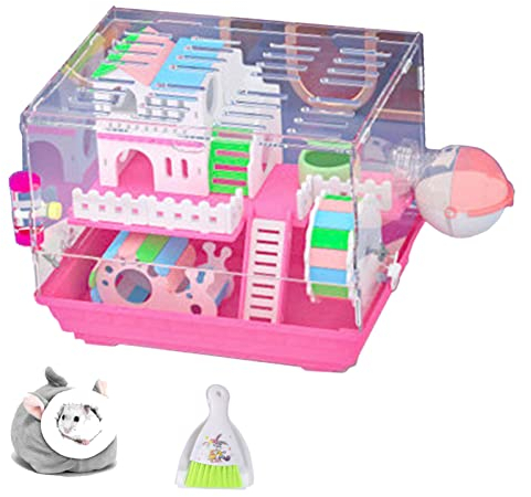 xixi-Home Hamsterkäfig für syrischen Hamster, 2 Etagen, transparenter Hamsterkäfig mit Zubehör, Spielzeug, Kleintierkäfige, DIY-Villa, Haustier-Tragetasche,34 x 25 x 27,5 cm, Rosa 002