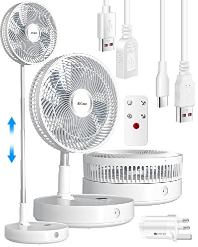 AICase Stand Fan,12 inch Folding Portable Telescopic Floor/Desk Fan with 7200mAh Rechargeable Battery,Remote Timer 8 Speeds Super Quiet Adjustable Height and Head for Office Home Outdoor Camping