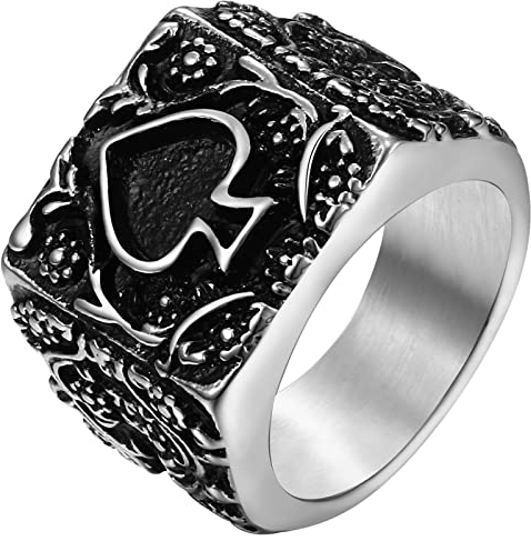 JewelryWe Pik Ass Ring Herren: Edelstahl Herren-Ring Poker Spade Ace Spielkarte Siegelring Vintage Casino Biker Fingerring Männer Punk Rock Gothic Bandring Band Glücksbringer Schmuck Größe 57