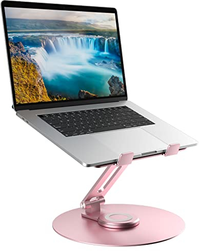Swivel Laptop Stand for Desk, Adjustable Height Aluminum Computer Stand with 360 Rotating Base, Foldable Ergonomic Riser, Portable Laptop Holder Compatible with MacBook, All Laptops 10-17'',Pink
