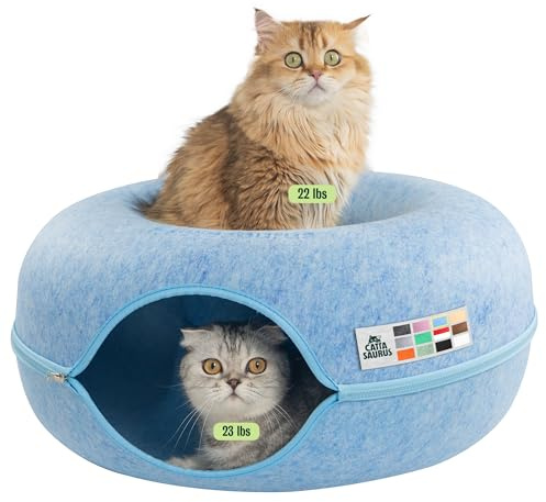 Cattasaurus Peekaboo Katzenhöhle Donut für mehrere & große Katzen bis zu 13.6-20.4 kg, 3-in-1 selbstwärmendes Katzenbett, Tunnel & Kratzbaum für Indoor-Katzen, waschbares & abnehmbares kleines