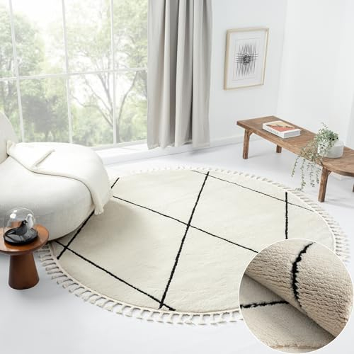 MY-RUG Teppich Ida rund weiß schwarz 140 x 140 cm Esszimmerteppich im Boho Style, Skandinavischer Fellteppich Kunstfell Vintage Teppich mit Fransen, Flauschig im Rauten Muster