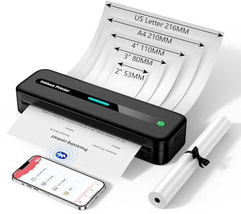 Stampante Portatile A4, Stampante Termica Portatile per Ipad, Android e iOS, Stampante inkless via Wireless Bluetooth, Supporta Carta Termica A4/110 MM/80 MM/53 MM/US Letter Carta Termica