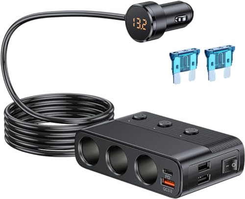 Thlevel 12V Zigarettenanzünder Verteiler 127W USB C Steckdose PD und QC 3.0 KFZ Ladegerät mit LED Voltmeter und Schalten 1 Meter Kabel für 12V-24V Wohnmobil Boot