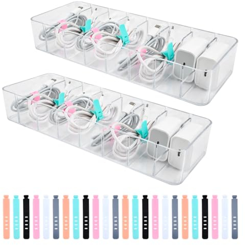 USENG 2 Piezas Organizador de Cables con Tapa Caja Almacenamiento Cables Almacenamiento de Cables Caja de Organización de Cables Data Cable Storage Box Transparent Cable Organizer Cajas Plastico Cable