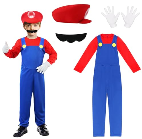 Mari Kostüm Kinder Luig Kostüm, 4-teiliges Set Mari Luig Bodysuit Kostüm Herren Damen Cosplay Super Bros Outfit Jungen Mädchen mit Mütze Handschuhe Bart für Karneval Halloween Faschingskostüme (L)