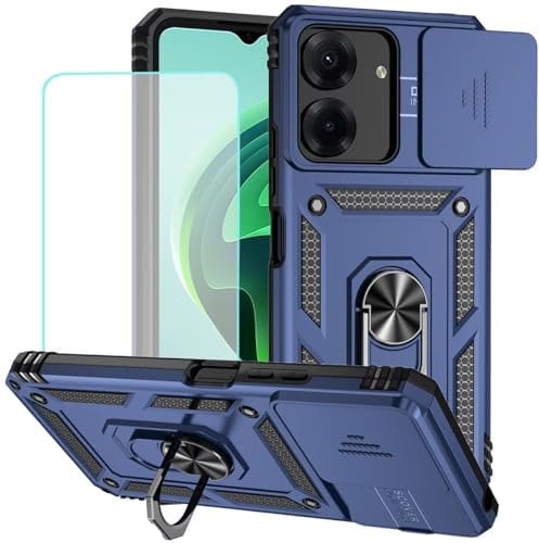 Jhxtech for Redmi 13C Case, Poco C65 Case with Tempered Glass Screen Protector and Slide Camera Cover, Magnetic Ring Car Mount Holder Protective Cover for Xiaomi Redmi 13C Blue