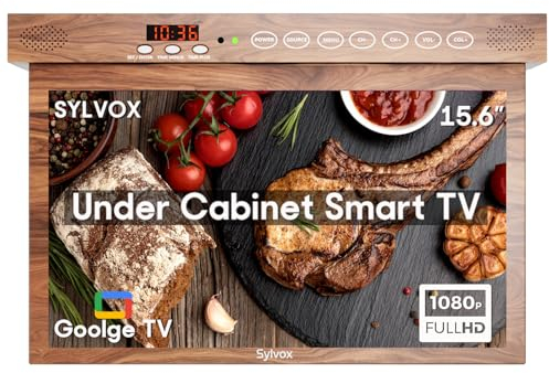 SYLVOX 15.6” Smart Google TV de Cuisine Télévision 1080P App Store|Partage d'écran|HBBTV|Partage d'écran|Fonction minuterie|WiFi Bluetooth|Touches tactiles |Rotation 360°|Rabat vers Le Bas 90°|Bois