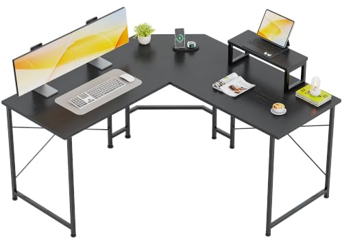 CAIYUN Corner Desk, 50 L Shaped Gaming Desk with Removable Monitor Stand, Computer Desk for Home Office, Metal Frame, Black
