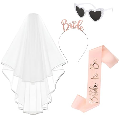 4 Stück Accessoires für Bride to Be - Bride to be Weißer Schleier, Schärpe, JGA Rosegold Stirnband Tiara, Herz Sonnenbrille Perle, Hochzeit Fotorequisiten Spiele Zubehör für Bachelorette Party