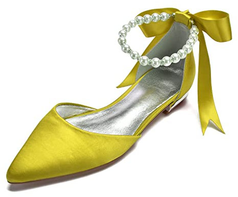 ZhiQin Yellow,10 UK, Ballet Bridal Shoes Flats Pumps Women Satin Pointed Toe Wedding Shoes Dress with Pearl
