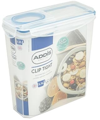 Addis Clip Tight Cereal Food Storage Container 3.7 Litre Tall Rectangle With Easy Pour Lid and Locking Clips, Airtight Bpa Free, Clear Transparent