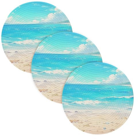 3 Pcs Microwave Trivet for Hot Pots and Pans 15in Cotton Thread Weave Pots Pans Set Holder for Teapot Kitchen Aid Blue Wonder Beach