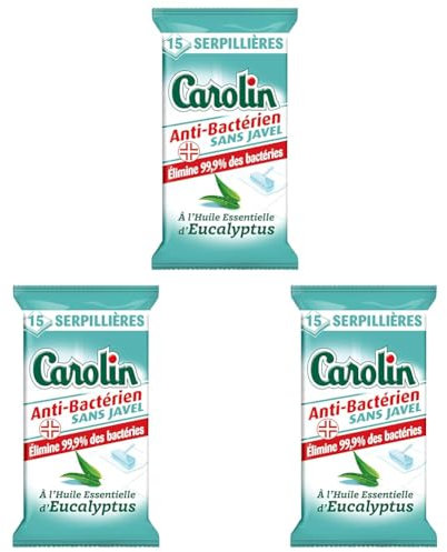 Carolin Lingettes Sols Anti-bactériennes à l'Huile Essentielle d'Eucalyptus, Sans Javel x15 (Lot de 3)