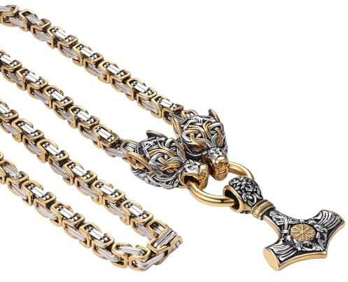 JewelryWe Wikinger Wolf Halskette Herren Wolfskopf Valknut Thors Hammer Anhänger mit Königskette Mjolnir Edelstahl Kette Nordische Mythologie Amulett Schmuck für Männer