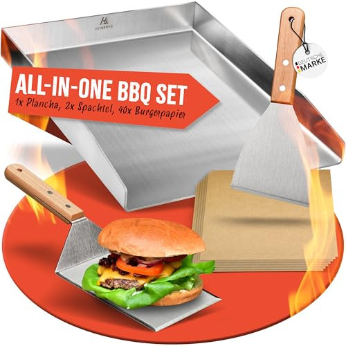HEIMZONE® Plancha Grillplatte [40x30 cm] - Edelstahl-Platte mit auslaufsicheren Ecken & Grillzubehör [2x Grill-Spachtel & 40x Burger-Papier] - für jeden gängigen Holzkohle- oder Gasgrill