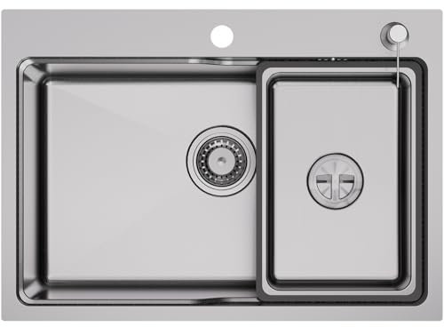 Auralum Fregadero Cocina 68 x 48 cm, Fregaderos Modernos avec 1 Seno integrado desmontable y Dosificador de Jabón, Fregadero Grande con Sifón para Muebles de 80 cm, Acero Inoxidable