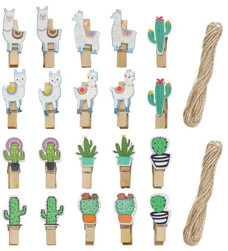OAOSDH 20 Pezzi di Clip in Legno di Cactus Alpaca, Clip Divertenti Creative, Clip Fotografiche, Clip di Chiusura degli Snack, Carrezze Cartoni Animati.