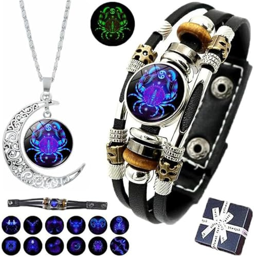 Spiritio Zodiac Leather Bracelet,Zodiac Signs Spirit Bracelet,SpiriletBracelet Zodiac Manifestation,Adjustable 12 ConstellationBracelet,Multilayer Constellation Zodiac LeatherBracelet (Cancer)
