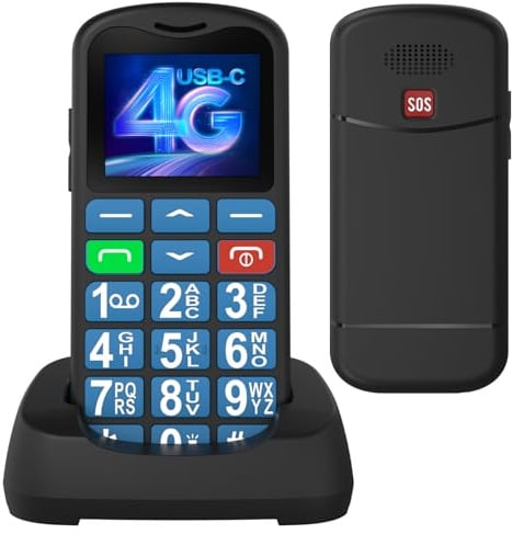4G Téléphone Portable Senior Débloqué avec Grandes Touches, Volume Élevé Batterie 1000 mAh Bouton SOS Station de Charge Réveil USB C Radio FM, 4G Téléphone Portable pour Personnes âgées, Bleu