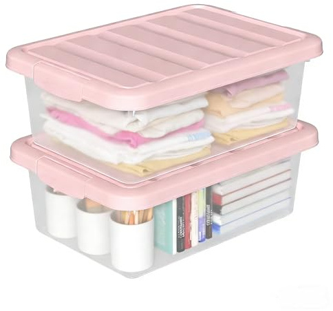 Parlynies 16L*2 Storage Boxes, Carry Plastic Storage Box with Pink Lids, Clear Organizing Container with Secure Latches, Nestable & Stackable Tote Box for Home Office