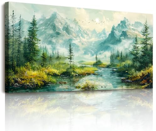 hyidecorart Landschaft Wandbilder Wohnzimmer Wald Berg Gemälde 50x100 cm | Kunstmotiv, HD-Druck, Einfach Aufzuhängen, Großformat, Für Wohnräume, Harmonische Wanddeko, Geschenk, Schnelle Montage