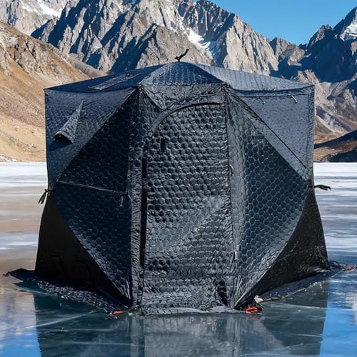 dosiwlatever Isoliertes tragbares Pop-up-Eisangelzelt 4–6 Personen – Beheiztes Saunazelt mit Kaminöffnung, herausnehmbarem Boden, 4 TPU-Fenstern, 2 Lüftungen, leichte Eisangelhütte inkl. Tragetasche