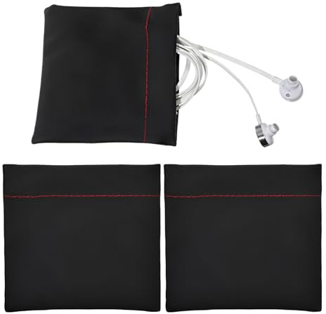 PU Leather Earphone Pouch, 2 Pcs Black Headphone Storage Bag with Snap, Universal Wired Earbuds Case Travel Accessories For Storing Earbuds, Jewellery, Keys, Coins