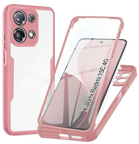 WeiCase Hülle für Xiaomi Redmi 15C 4G, Transparent 360 Grad Rundumschutz Schutzhülle mit Integriertem Displayschutz Stoßfest Ultradünn Silikon,Rosa