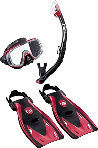 TUSA Schnorchelset Visio Travel - Taucherbrille Tauchmaske Trockenschnorchel Flossen Tasche Erwachsene (M (36-42), Rot)