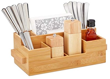 Relaxdays Besteckhalter Bambus, 7 Fächer, Tisch Menage für Servietten, Besteck, Öl, Gewürze, HBT 11,5 x 35 x 15cm, natur, Hellbraun