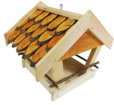 Damian-Wiklina Mangeoire à oiseaux en bois - Protection contre la pluie et la neige - Pic recouvert de rondelles de noisetier.