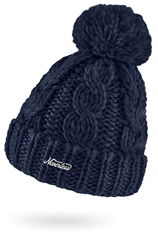 Neverless® Damen Mütze Grobstrick Strick-Bommel Pudelmütze Zopfstrickmuster Wintermütze Umschlag Navy Unisize