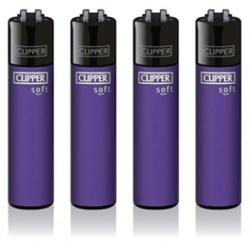 Original Clipper Feuerzeuge Einfarbig 4er Set (z.B. Soft Touch, Crystal, Metalic, solid Fluro) + 1 Clipper DHOBIA Feuerzeug GRATIS (Soft Touch #2 Lila)
