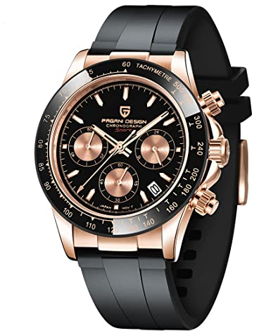 Pagani DesignHerren-Multifunktions-Sportuhr Quarz-Chronograph Uhrwerk Japan VK63 Edelstahlarmband Wasserdicht 100M (Rose Schwarz KC-1664)