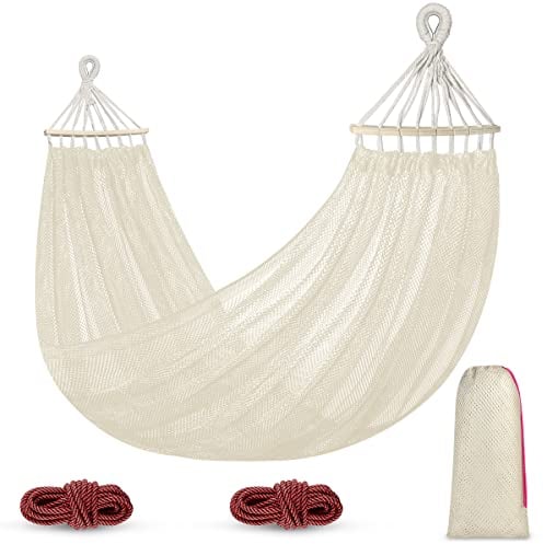 Hamaca Colgante de Red, Hamaca Jardin Exterior Hamaca Camping con Travesaños de Madera, 290 x 150 cm, Capacidad de Carga de 250 kg, Blanco