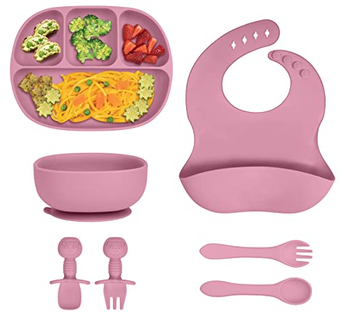 Aolso Vajilla Bebe Silicona, 7 piezas Juego Vajilla Bebe De Silicona con Babero Silicona Cuchara Bebe Silicona y Bol Ventosa Bebe y Plato Ventosa Bebe Dividido, Libre BPA Vajilla infantil, Rosa